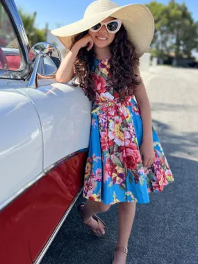 50's Petticoat Dress Palm Springs Blue Floral Girls 4-14