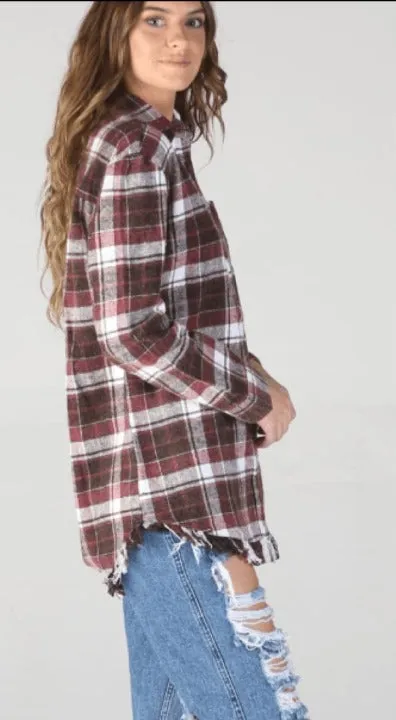 Angie Women's Plaid Flannel With Fringed Hem