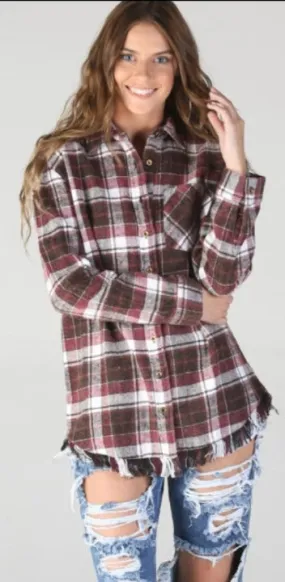 Angie Women's Plaid Flannel With Fringed Hem