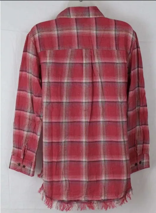 Angie Women's Plaid Flannel With Fringed Hem