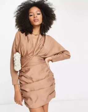 ASOS Long Sleeve Ruffle Mini Dress in Tan