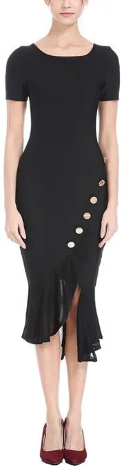 Asymmetrical Ruffled Button-Embellished Fitted Dress, Black