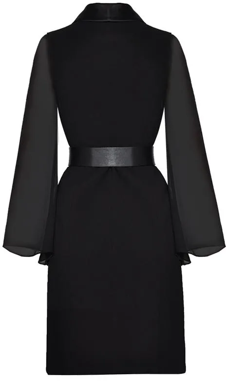 Belted Black Sheer-Sleeve Dress