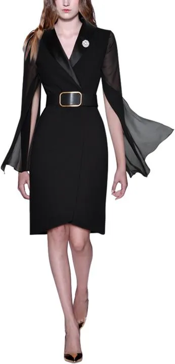 Belted Black Sheer-Sleeve Dress