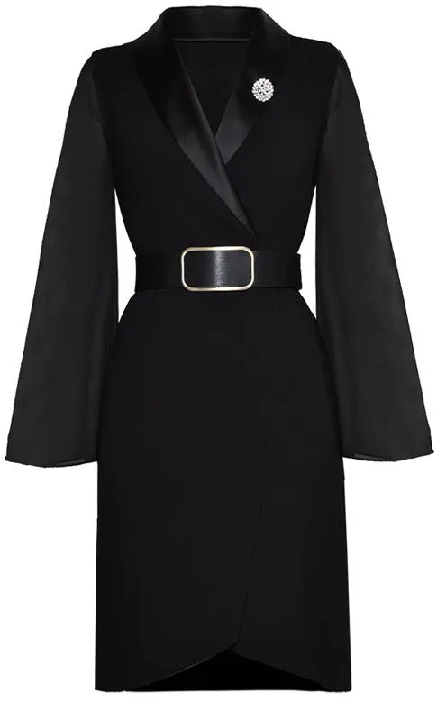 Belted Black Sheer-Sleeve Dress