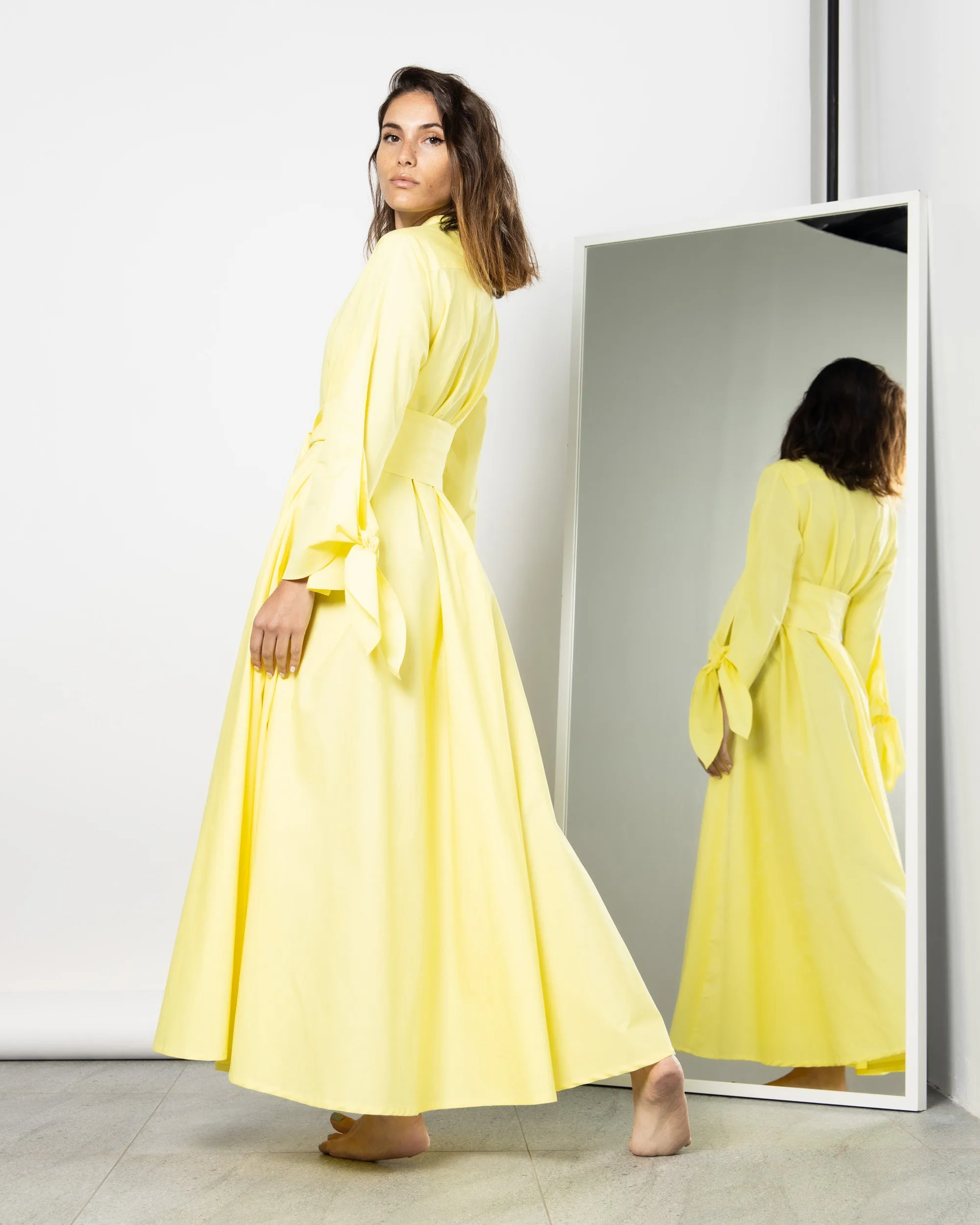 BELTED TIE END SLEEVES COTTON DRESS 1902 - فستان