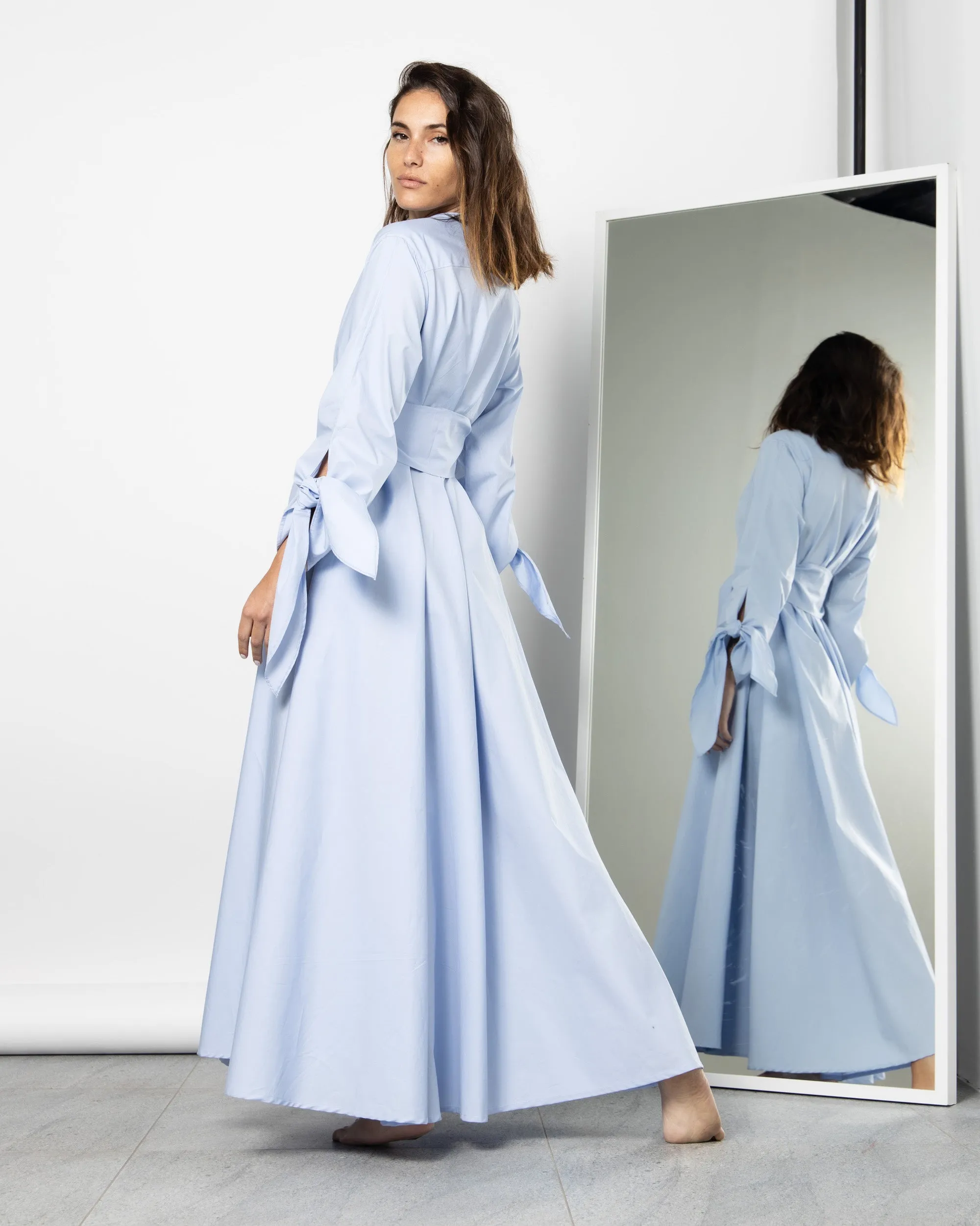 BELTED TIE END SLEEVES COTTON DRESS 1902 - فستان