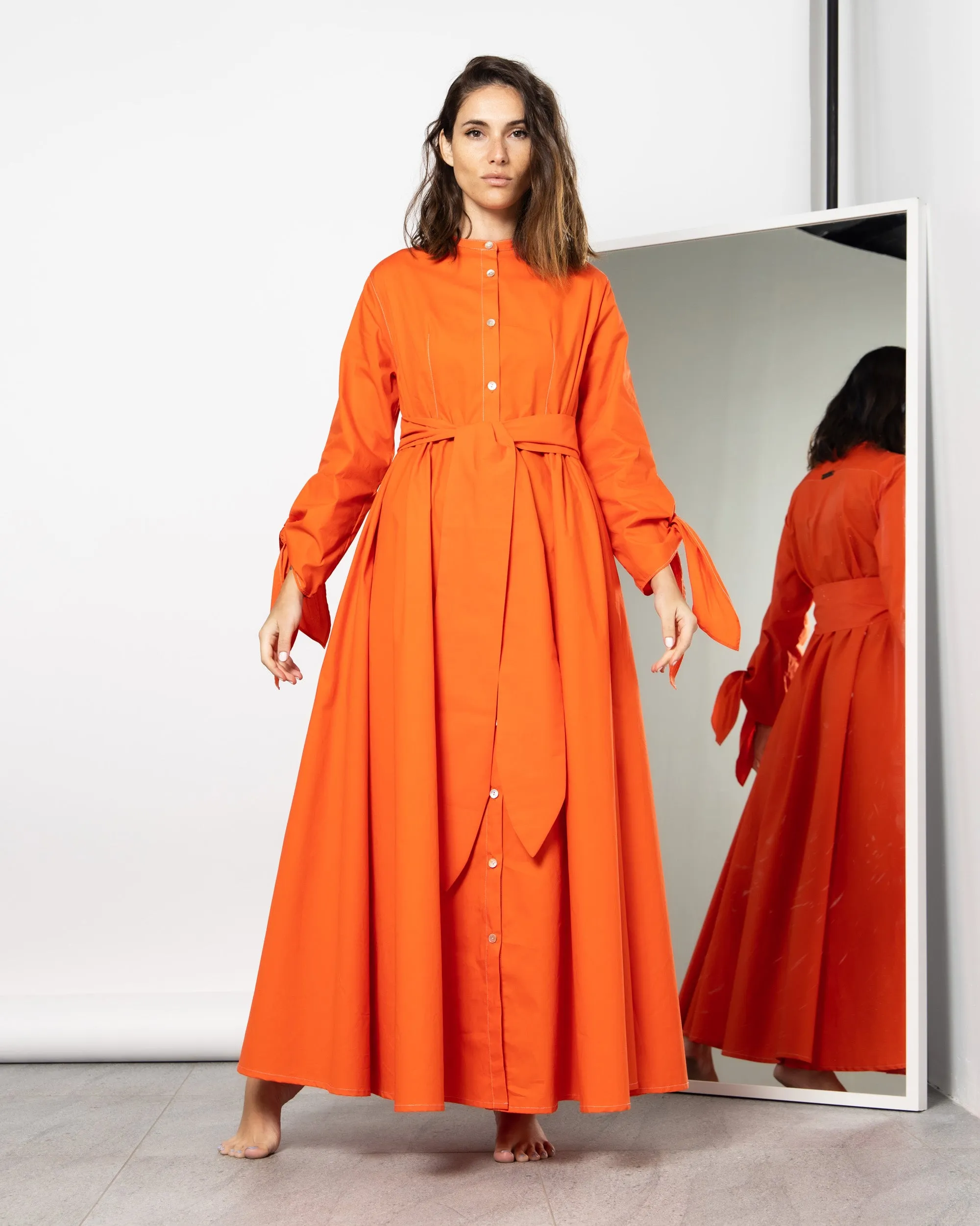 BELTED TIE END SLEEVES COTTON DRESS 1902 - فستان