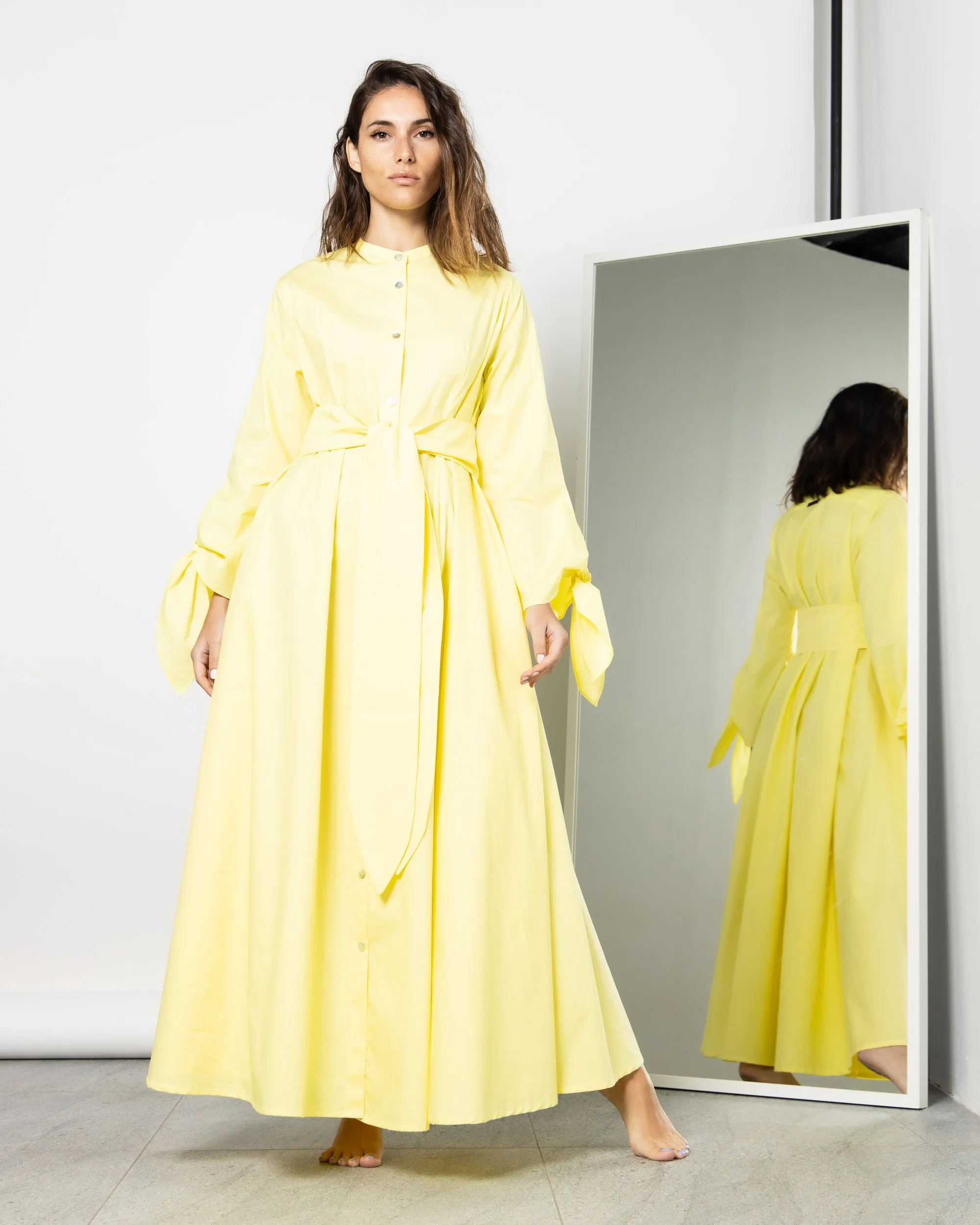 BELTED TIE END SLEEVES COTTON DRESS 1902 - فستان