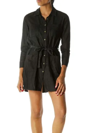 Black 100% Cotton Buttoned Belted Long Sleeve Light Denim Dress