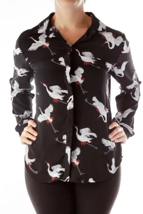 Black Bird Print Button-Up Blouse