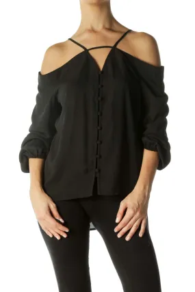 Black Open-Shoulder Button Down Blouse