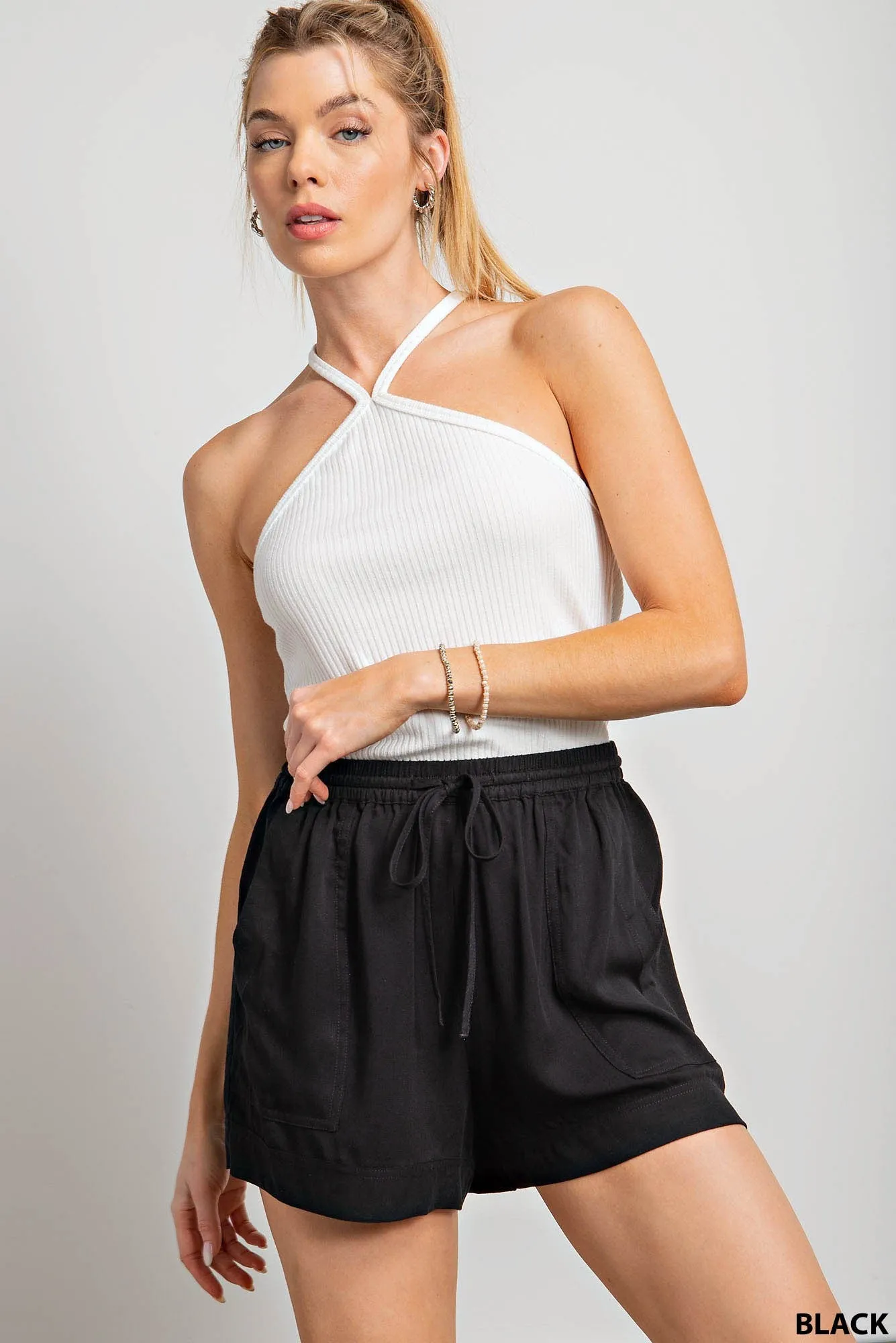 Black Textured Drawcord Shorts