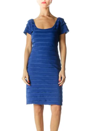 Blue Ruffled Round Neck Work Dress