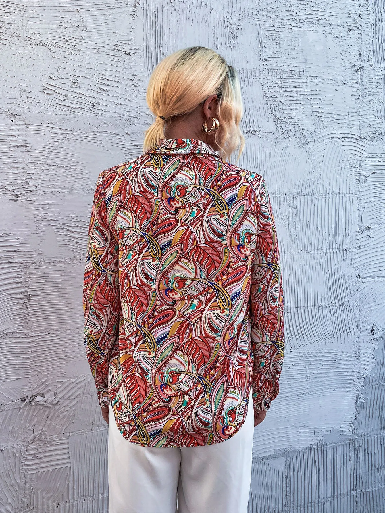 Boho Paisley Button Front Long Sleeve Collar Long Blouse