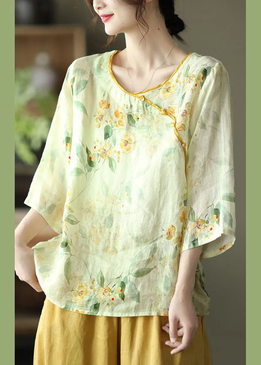 Boutique Yellow Button Print Linen Blouses Long Sleeve