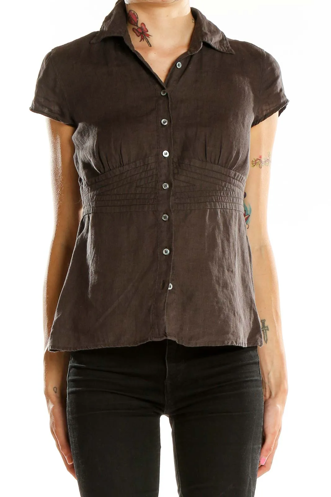 Brown Linen Button-Up Short Sleeve Blouse