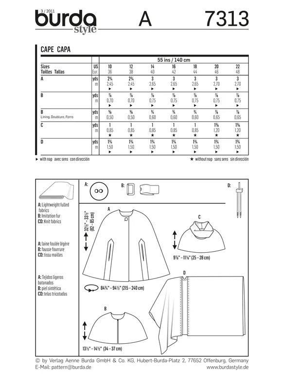 Burda 7313 Womens' Capes Sewing Pattern