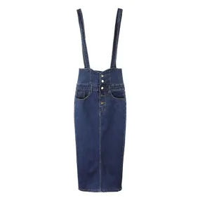 Button Tea Length Pencil Denim Skirts With Straps