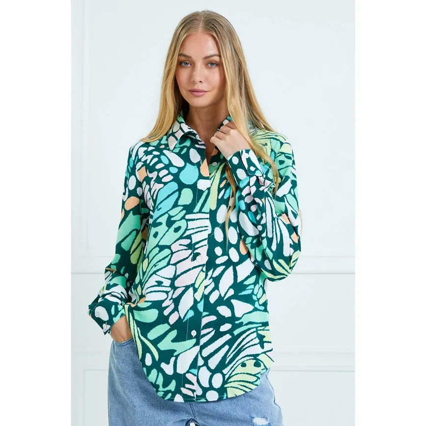 Casual Leaf Print Collard and Button Down Blouse GREEN