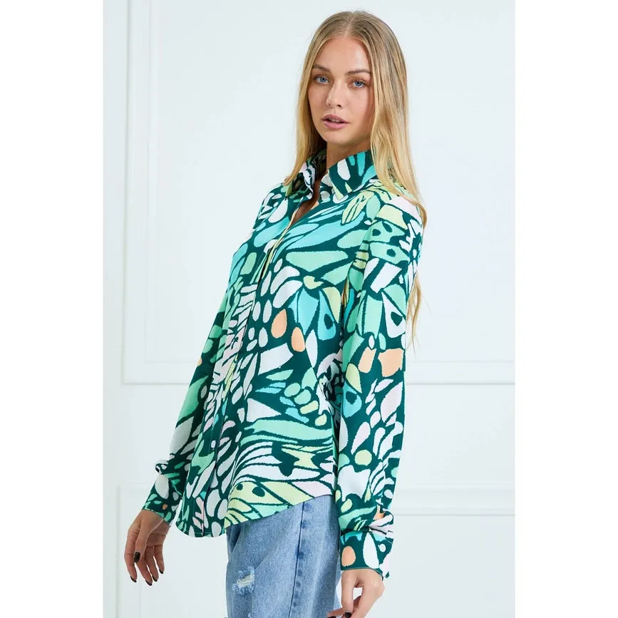 Casual Leaf Print Collard and Button Down Blouse GREEN