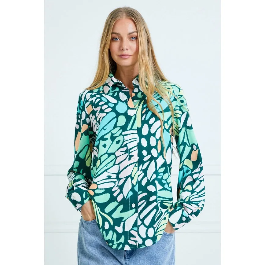 Casual Leaf Print Collard and Button Down Blouse GREEN