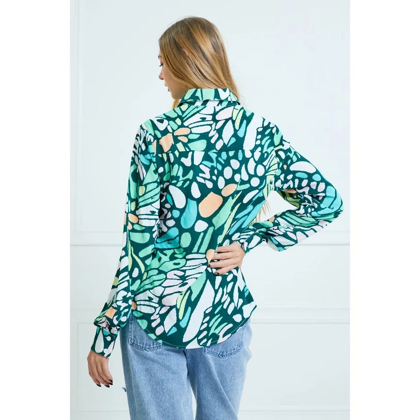 Casual Leaf Print Collard and Button Down Blouse GREEN