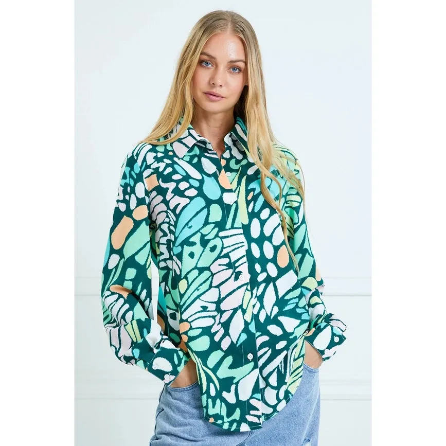 Casual Leaf Print Collard and Button Down Blouse GREEN