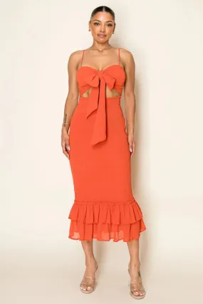 Chiffon Smocking Cut Out Tie Front Ruffled Midi RUST