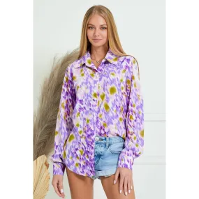 Collar Splash Print Casual Button Down and Long Sleeve Blouse LAVENDER MULTI