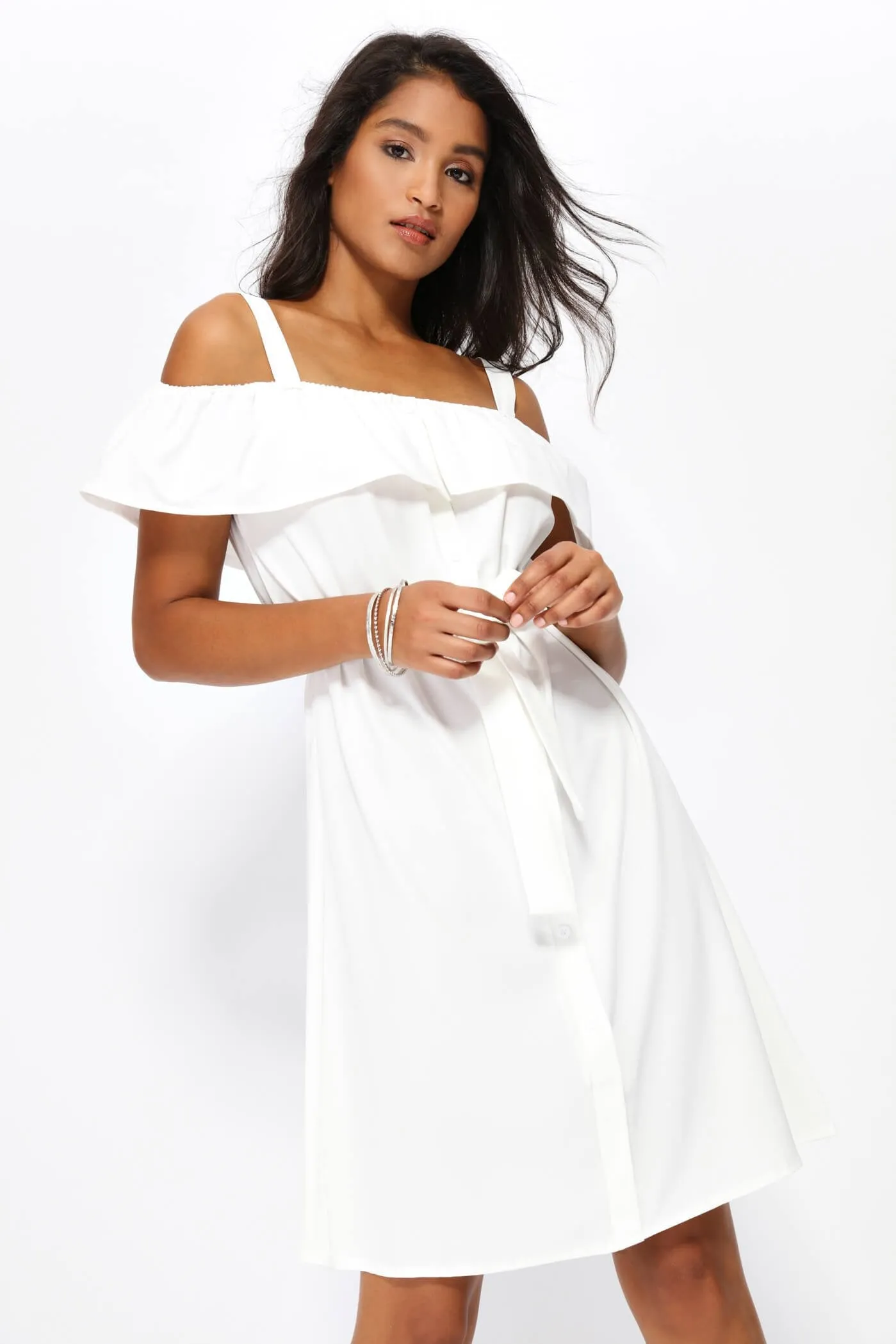 Cream Off The Shoulder Front Button Shirt Dress