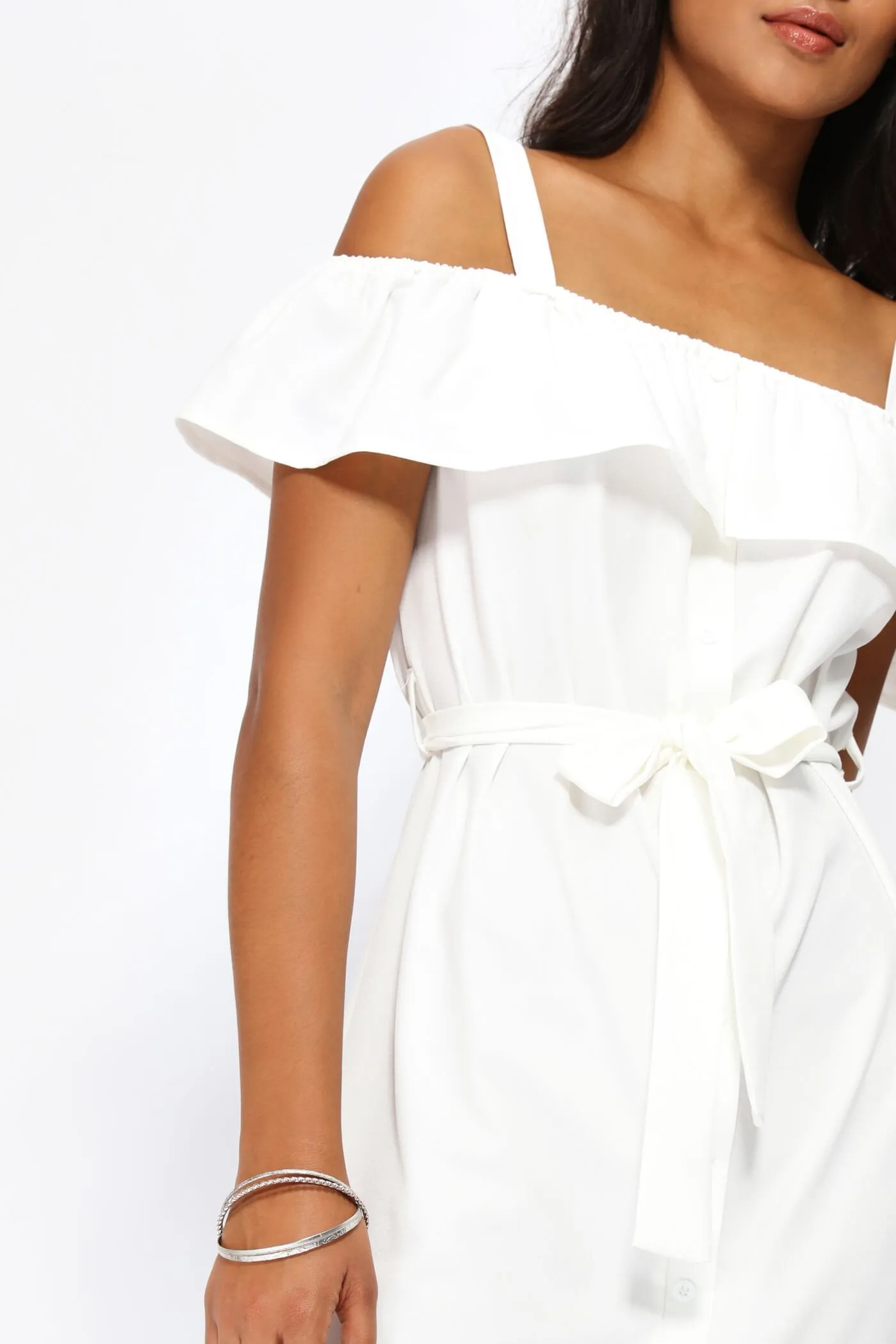 Cream Off The Shoulder Front Button Shirt Dress