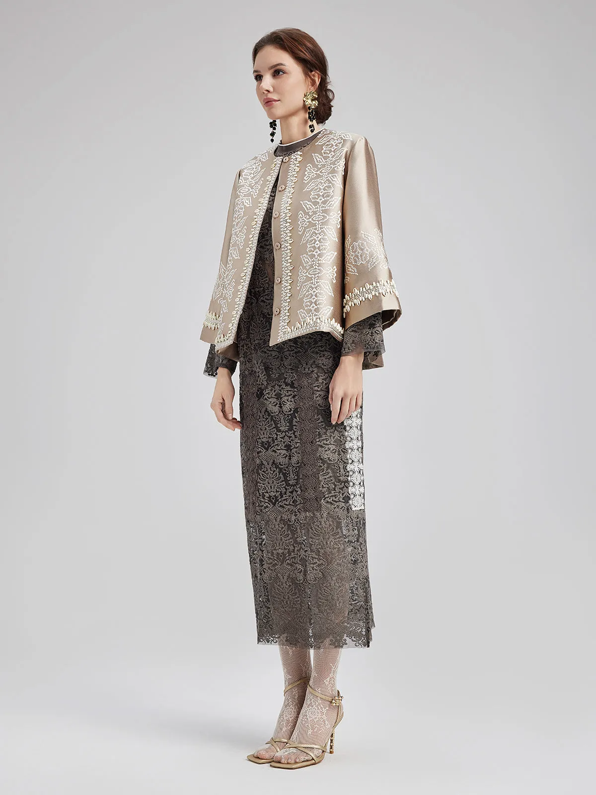 Embroidered Beaded Shell Cape Coat