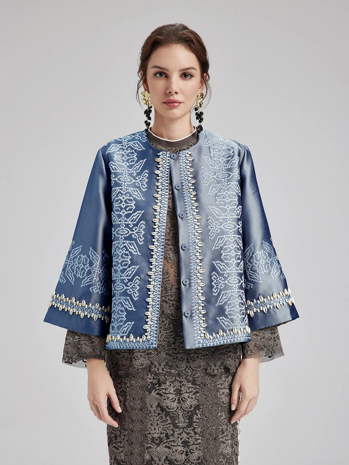 Embroidered Beaded Shell Cape Coat