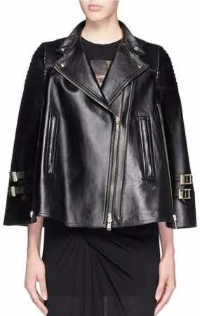 Faux-Leather Biker Cape Jacket in Black