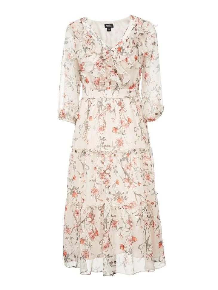 Floral Ruffled Cinched Waist Chiffon Dress