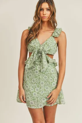 Floral Side Cutout Ruffled Mini Dress