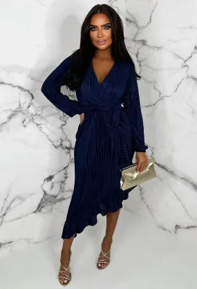 For The Frills Navy Stretch Belted Plisse Frill Hem Wrap Midi Dress