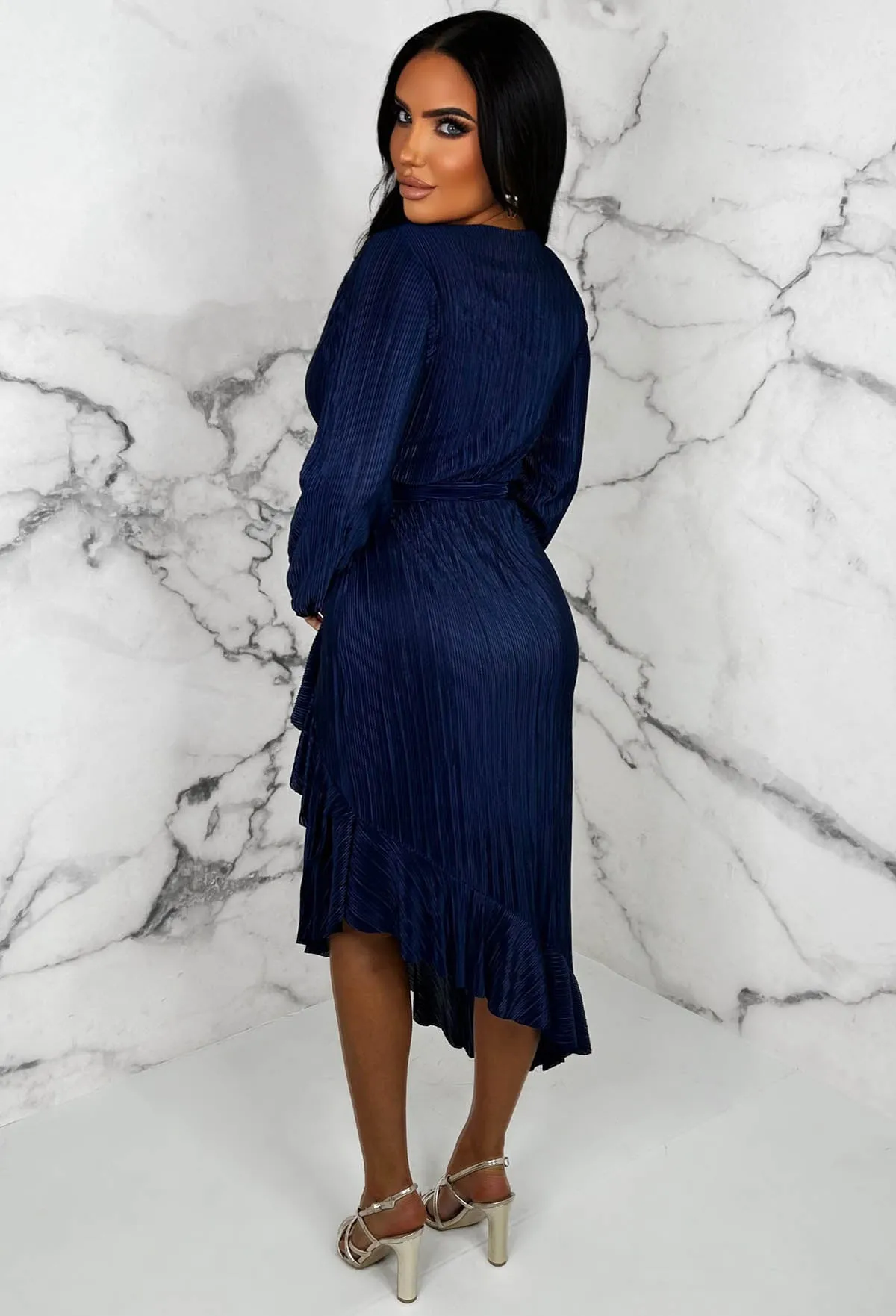 For The Frills Navy Stretch Belted Plisse Frill Hem Wrap Midi Dress