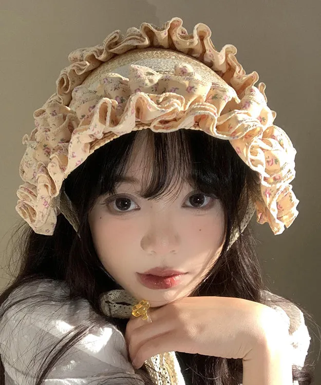 French Khaki Lace Ruffled Patchwork Straw Woven Hat WB022