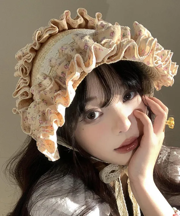 French Khaki Lace Ruffled Patchwork Straw Woven Hat WB022