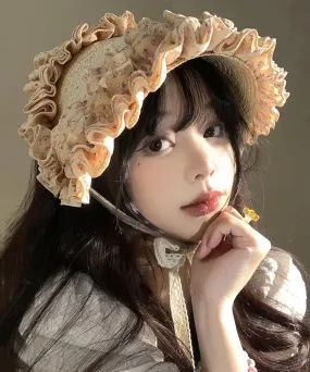 French Khaki Lace Ruffled Patchwork Straw Woven Hat WB022