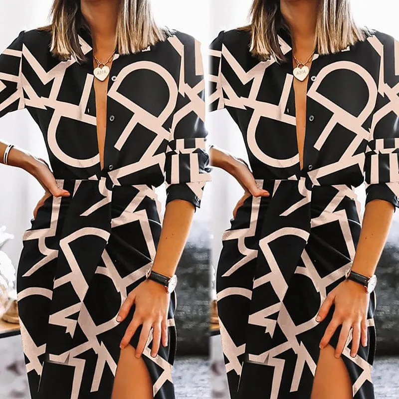 Front Split Print Graphic Letter Four-Way Stretch Belted Dress