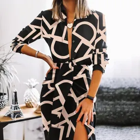 Front Split Print Graphic Letter Four-Way Stretch Belted Dress