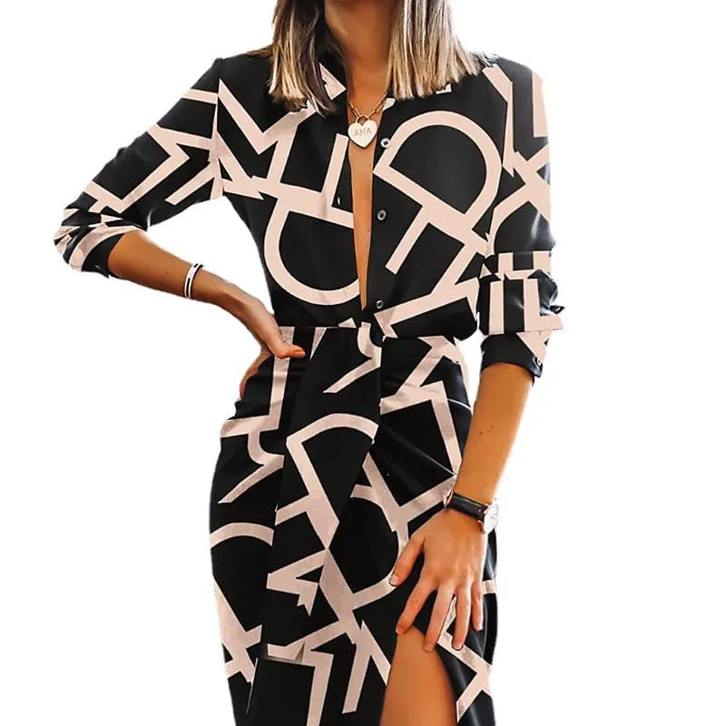 Front Split Print Graphic Letter Four-Way Stretch Belted Dress