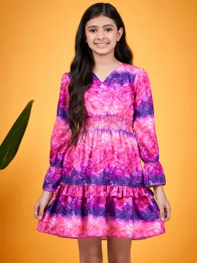 Girls Abstract Printed V-Neck Smocked Ruffled Fit Flare Dress - Ps Peaches