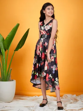 Girls Floral Printed Belted A Line Midi Dress - Ps Peaches