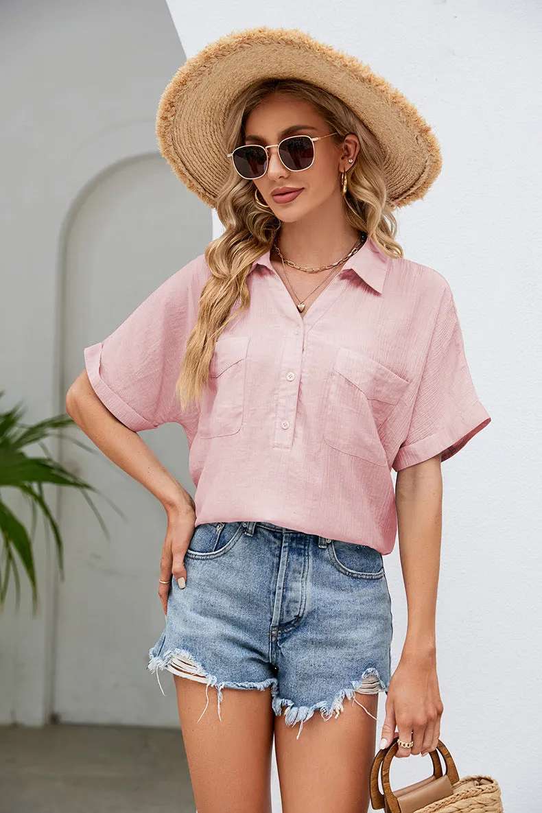 Half Button Johnny Collar Blouse