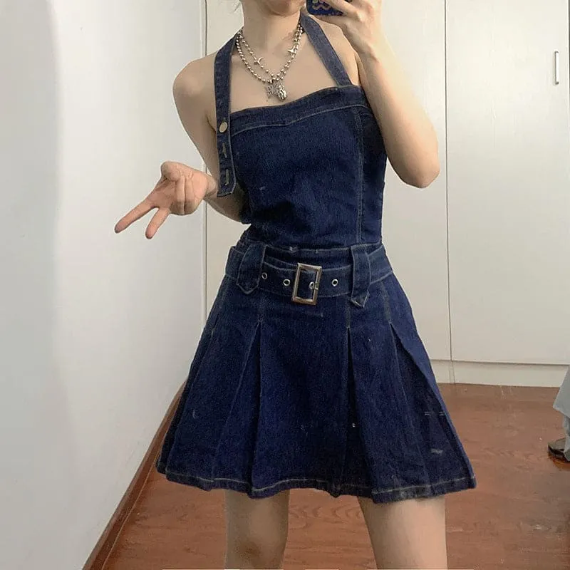 Halter Collar Pleated Hem Belted Backless Denim Dress