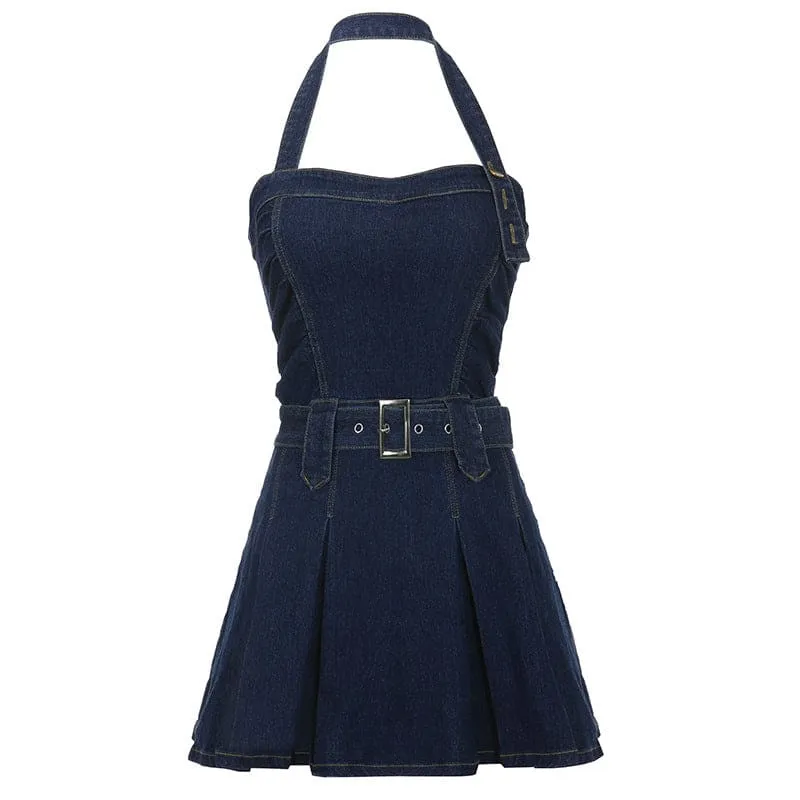 Halter Collar Pleated Hem Belted Backless Denim Dress